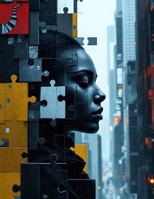 The primary subject of the image is a woman with a black and white face, surrounded by a collage of puzzle pieces. The setting is a cityscape, with a tall building in the background. The visual style is a combination of digital art and illustration, creating a unique and artistic representation of the woman. The colors and mood of the image are predominantly black and white, with a hint of red from the puzzle pieces, giving it a somewhat mysterious and intriguing atmosphere.